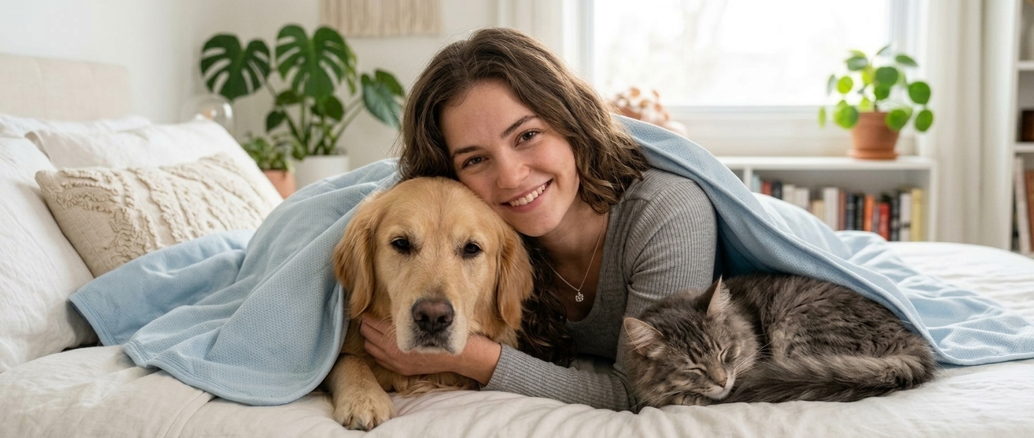 Woman with a dog and cat under a blanket on a bed